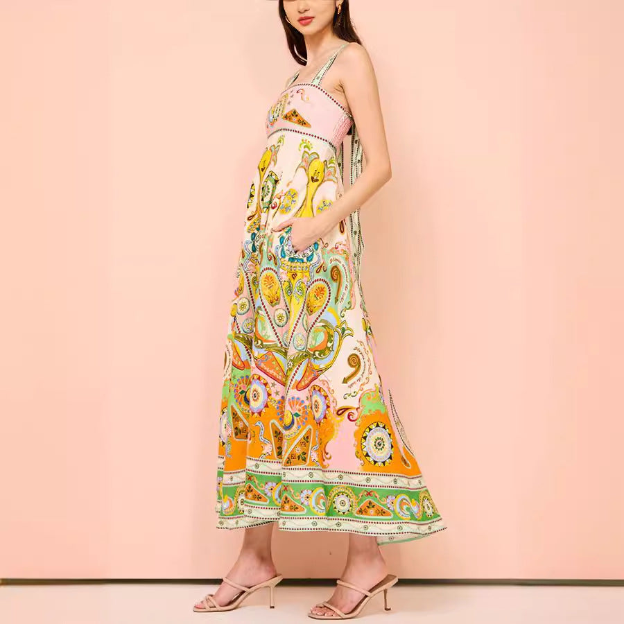 Sexy Women Clothing Sling Graffiti Printing Sleeveless Bow Swing Cotton Linen Dress by Ragazza