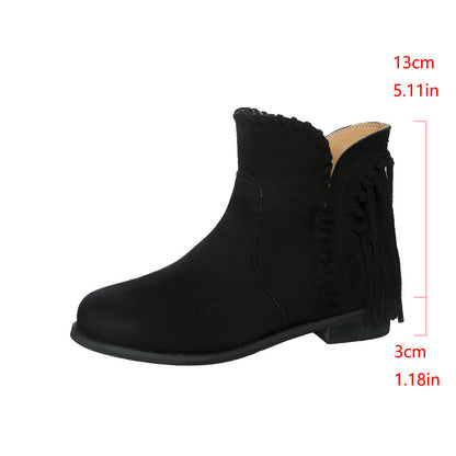 Women Shoes Autumn Winter Woven Tassel Suede round Toe Sleeve Low Heel Chelsea Ankle Boots  DestGlow
