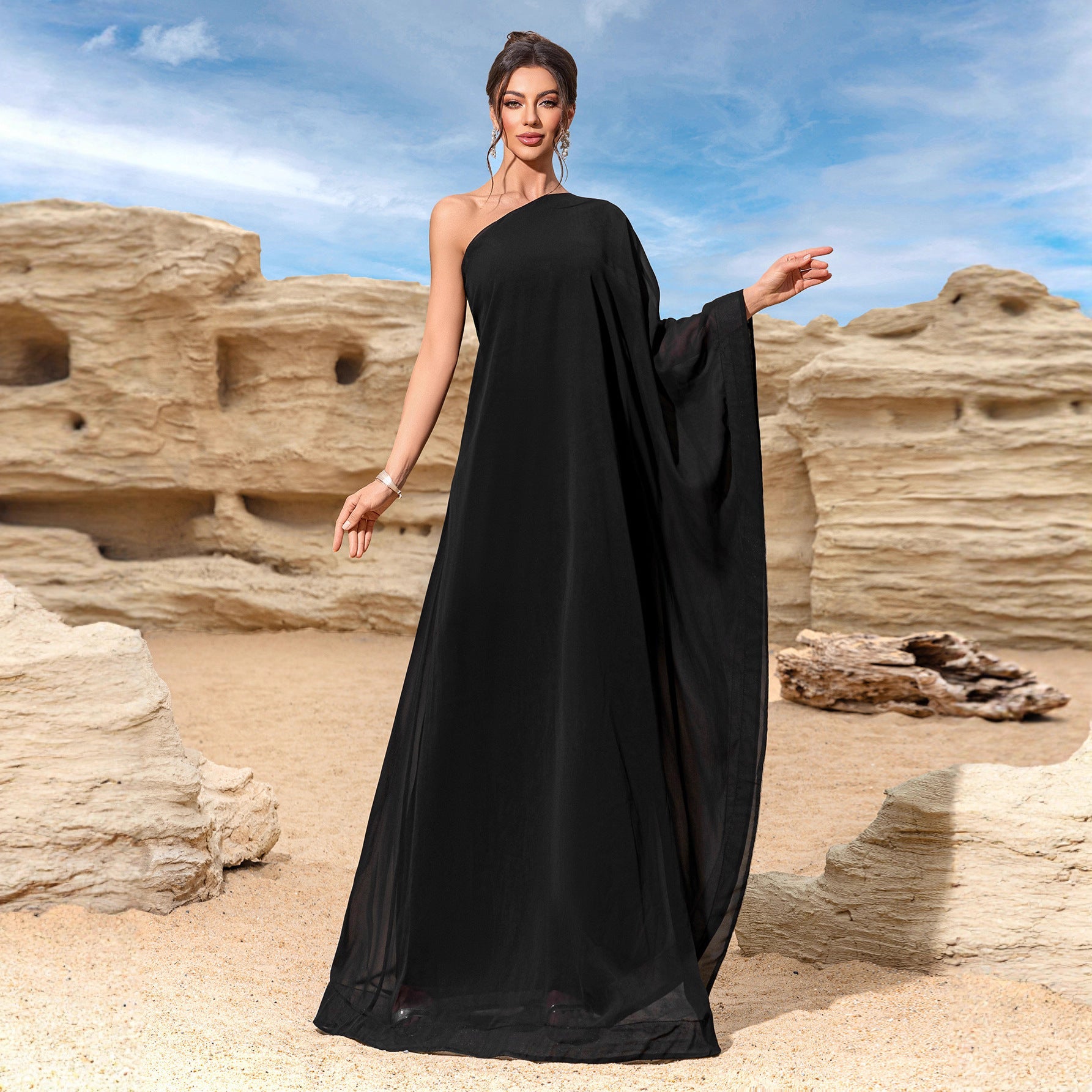 Sleeveless Sloping Shoulder Dress Women Summer Waist Slimming Dress Retro A line Dress Long Large Hem Robe by Ragazza