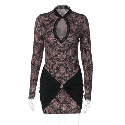 Women Clothing Winter Printed Sexy Lace Cutout Slim Fit Sheath Dress for Women by Ragazza