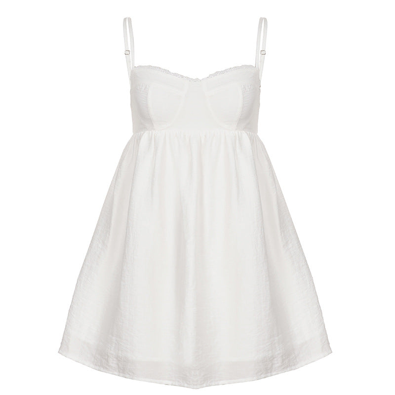 French Lazy Pure Age Reducing Lace Chest Shaped Backless Sling Summer Solid Color Vacation A Swing Dress by Ragazza