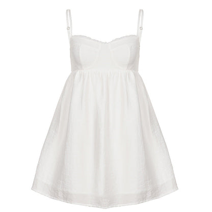 French Lazy Pure Age Reducing Lace Chest Shaped Backless Sling Summer Solid Color Vacation A Swing Dress by Ragazza