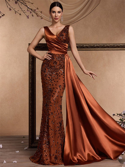 Elegant Sequin Stitching Fit V neck Sleeveless Elegant Gorgeous Noble Cocktail Party Formal Dinner Dress by Ragazza