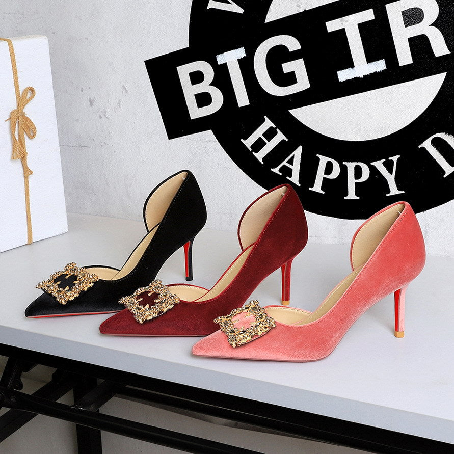 Women Super High Heel Sexy Pointed Toe Rhinestone Square Buckle Stiletto Women Shoes  DestGlow