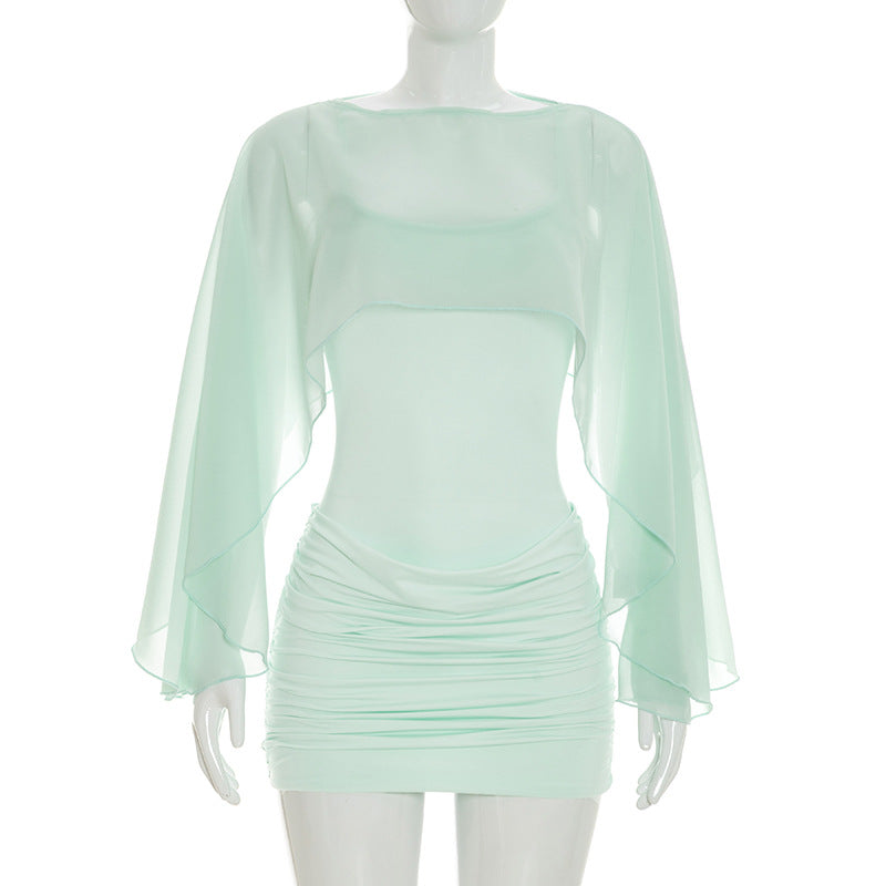 Women Clothing Summer Solid Color Casual Long Sleeves Shawl Straps Tulle Mini Short Dress  DestGlow