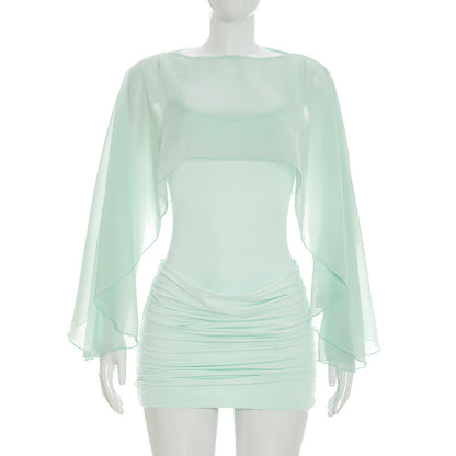 Women Clothing Summer Solid Color Casual Long Sleeves Shawl Straps Tulle Mini Short Dress  DestGlow