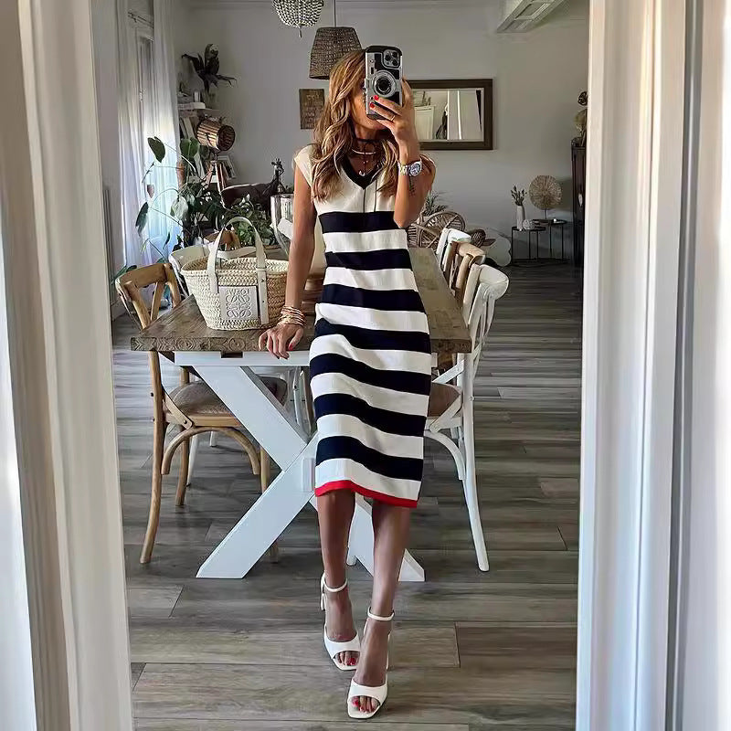 Dress Summer Striped V Neck Slit Hemline At Hem Casual Loose Dress by Ragazza