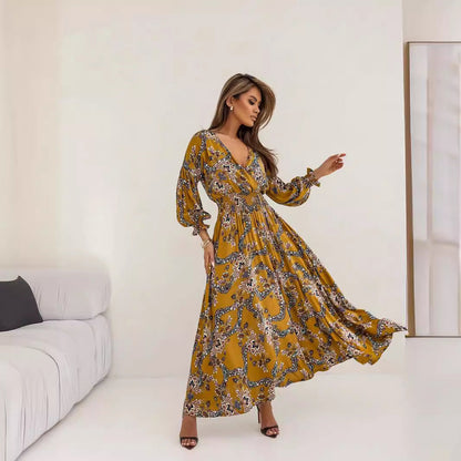 Women Clothing Women Clothing Printed V Neck Sexy Slit Long Sleeve Dress by Ragazza