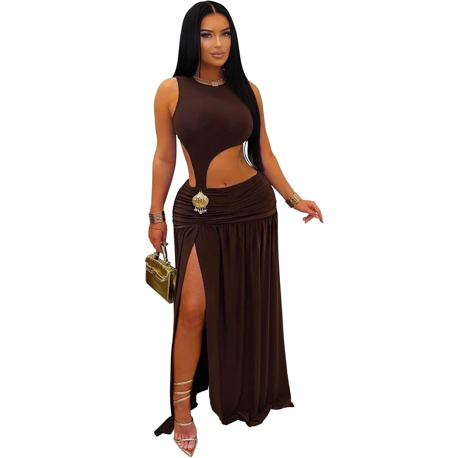 Women Wear Sexy Solid Color Sleeveless Cropped Split Dress