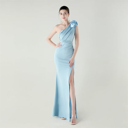 One Shoulder Three Dimensional Floral Satin Folding High Slit Sexy Evening Dress Dinner Wedding Social by Ragazza