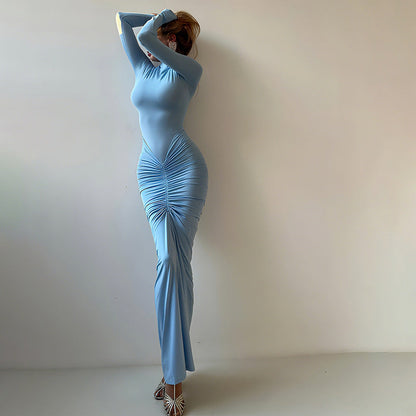 Women Clothing Autumn Solid Color Elegant Slim Slimming Pleated Turtleneck Long Sleeve Dress by Ragazza