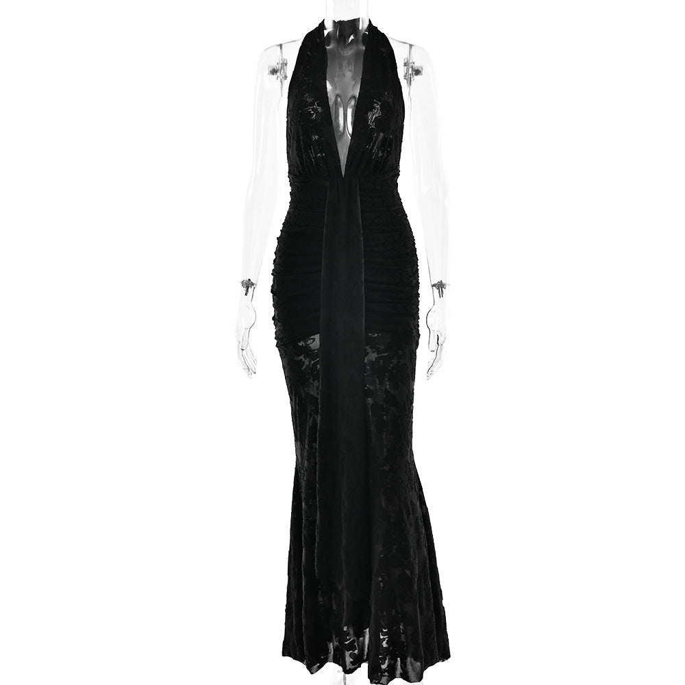 Lace Pleated Maxi Dress Women Sexy Deep V Plunge neck Backless Sheath Dress by Ragazza
