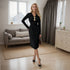 Black V neck Dress Women Autumn Winter Long Sleeve Slim Fit Slimming Chest Fastener Decoration Midi Dress by Ragazza