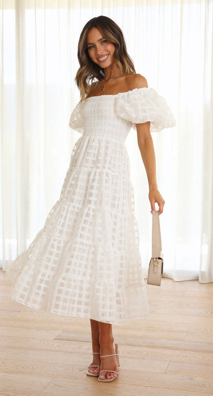 Women One Neck Lantern Sleeve Layer Stitching Dress by Ragazza