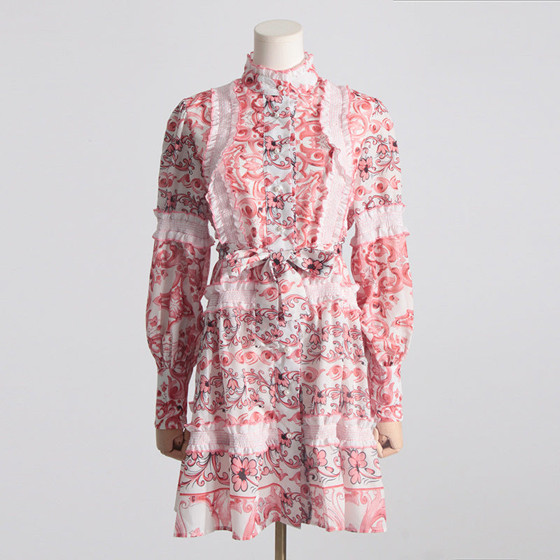 Spring Summer French Stand-up Collar Lace Lace up Waist Controlled Slimming Lantern Sleeves Dress Stitching Short Dress by Ragazza