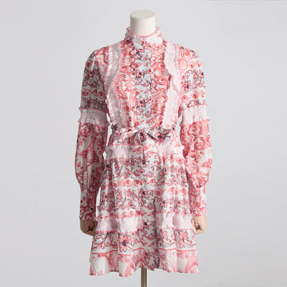 Spring Summer French Stand-up Collar Lace Lace up Waist Controlled Slimming Lantern Sleeves Dress Stitching Short Dress by Ragazza