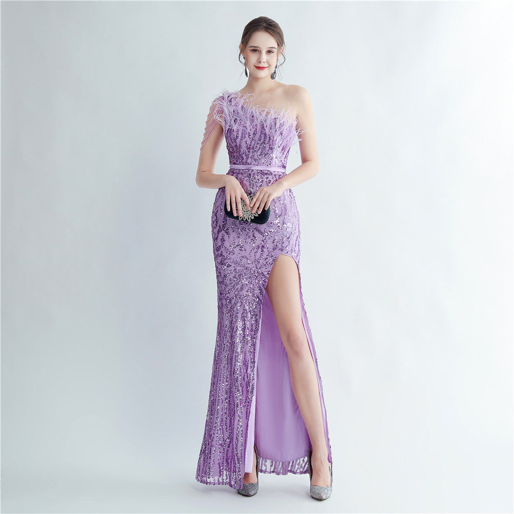 Heavy Industry Ostrich Hair Craft Beading Hair Oblique Shoulder Side Slit High End Evening Dress by Ragazza
