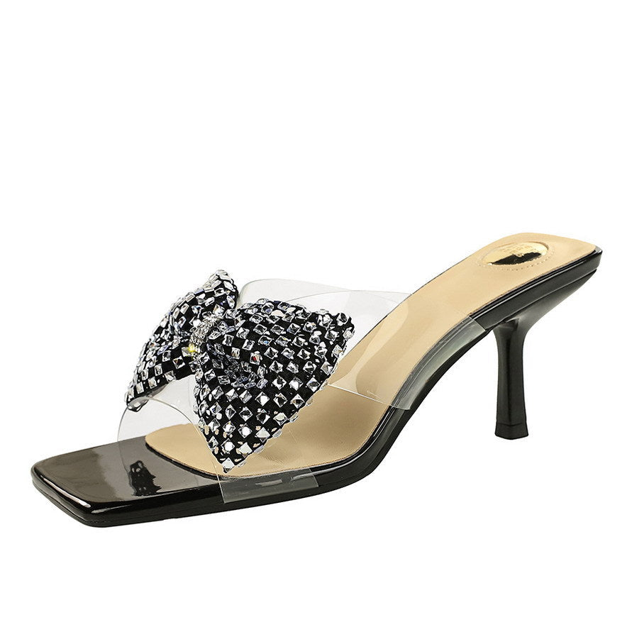 Rhinestone Bow Square Toe Open Toe Slippers Transparent Slip on Stiletto Heel Outdoor Slippers  DestGlow