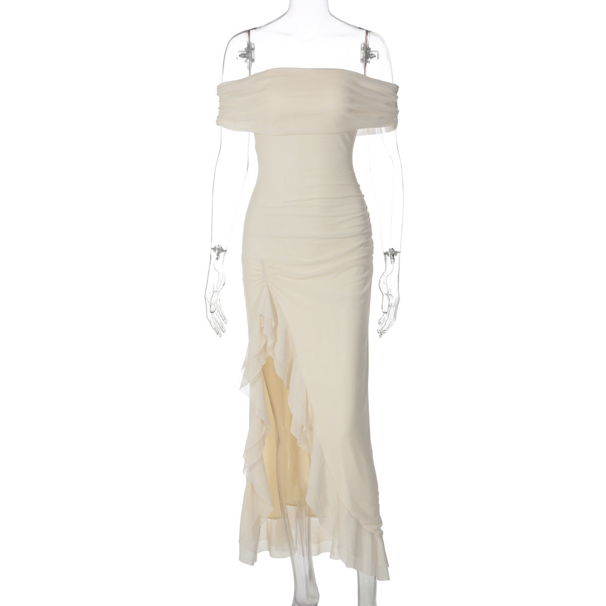 Summer off Neck Solid Color Strapless Sexy Split Ruffled Dress Women  DestGlow