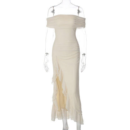 Summer off Neck Solid Color Strapless Sexy Split Ruffled Dress Women  DestGlow