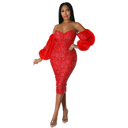 Women Clothing Sexy French Long Sleeve Dress Slim Fit Sequin Hip Tight Sexy by Ragazza