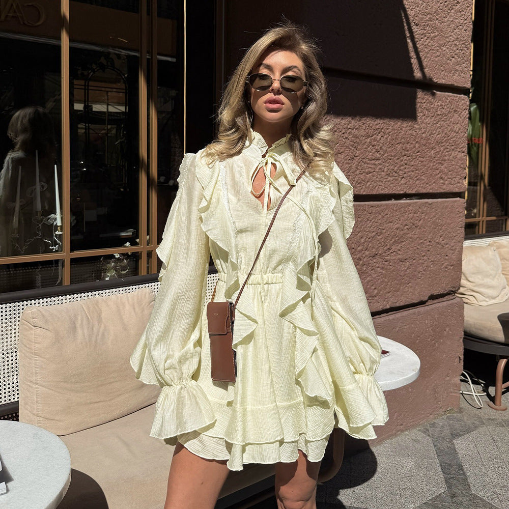 Spring Summer Sweet Tie Neck Ruffled Lace Waist Trimming Short Dress  DestGlow