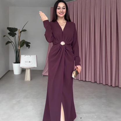 Fall V neck Long Sleeve Waist Controlled Pleated Women Dress by Ragazza