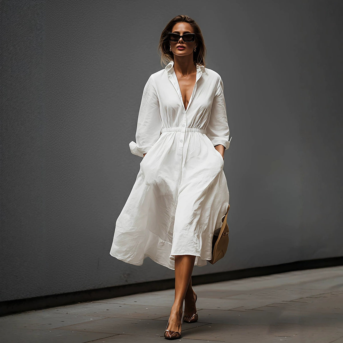 French Casual Elegant Shirtdress Summer Lapels Fitted Waist Pleated Pocket Design Commuting Elegant Dress  DestGlow