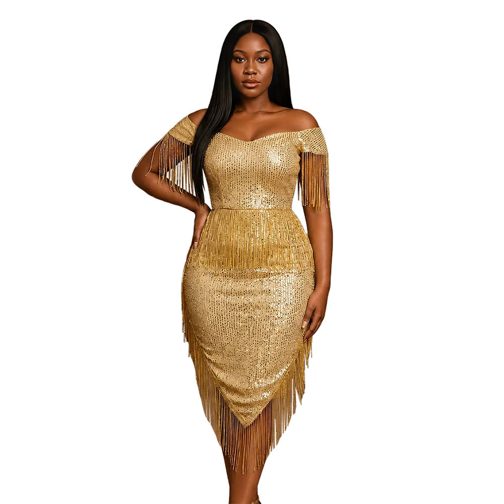 Fashionable Sexy off Shoulder Irregular Asymmetric Tassel Dress Sequin Small Dress  DestGlow