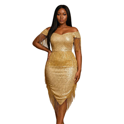 Fashionable Sexy off Shoulder Irregular Asymmetric Tassel Dress Sequin Small Dress  DestGlow