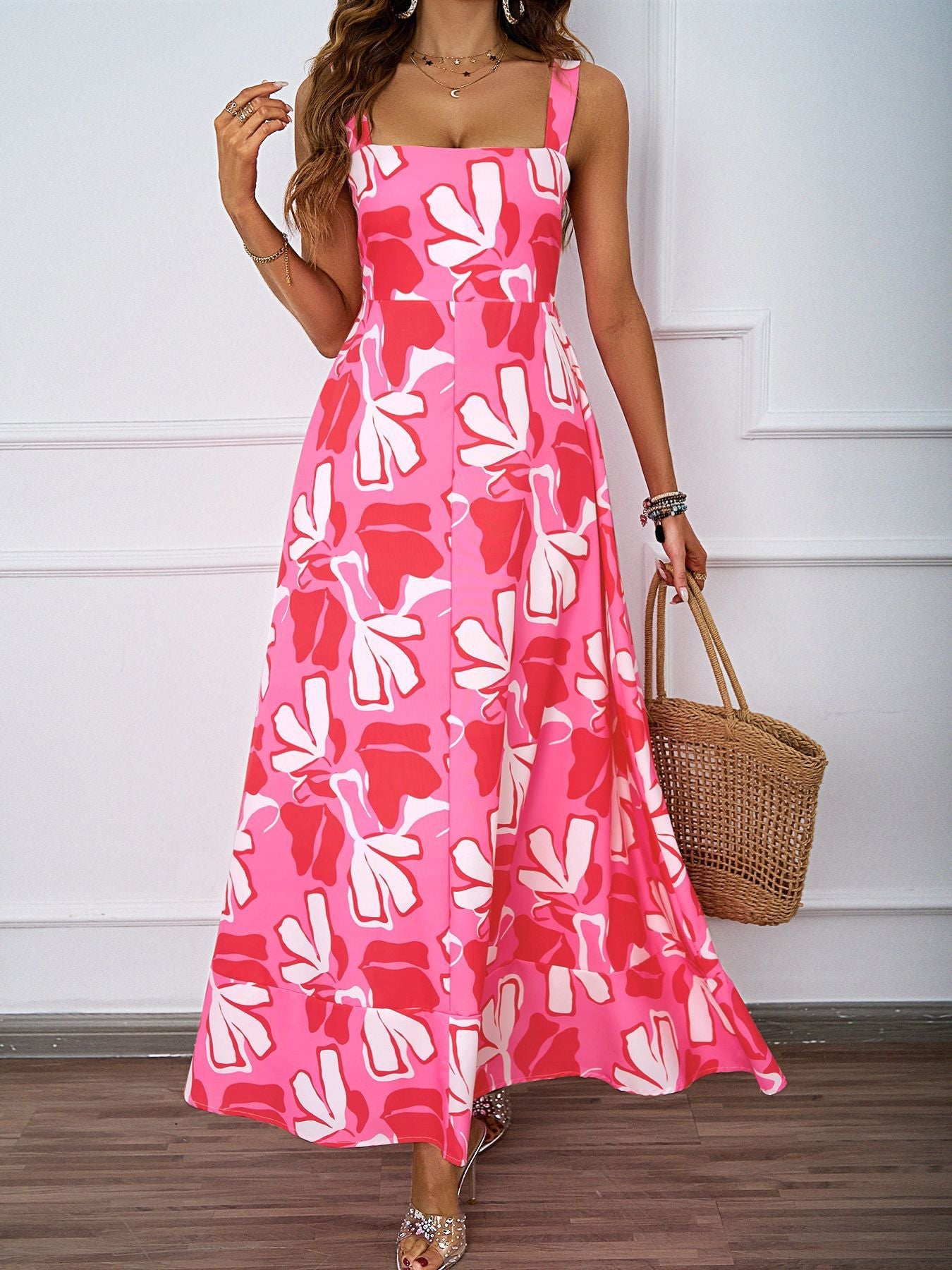 Women Clothing Summer Casual Strap Elegant A line Dress Floral Printed Dress by Ragazza