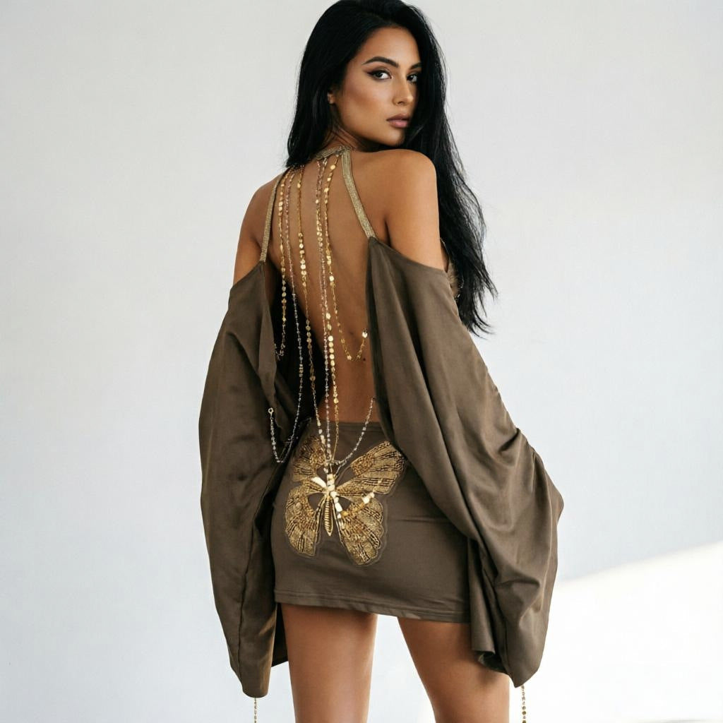 Sexy off Shoulder Backless Irregular Asymmetric Design Short Loose Batwing Sleeve Dress for Women  DestGlow