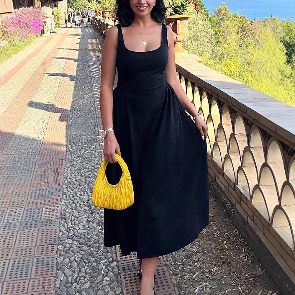 Summer Niche Design Spring Summer round Neck Backless Waist Trimming Sleeveless Dress by Ragazza