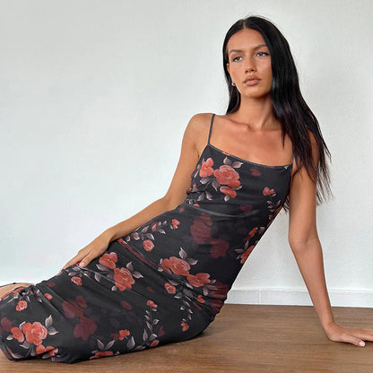 Spring Maxi Dress Socialite Elegant Sexy Slim Straps Tulle Printed Dress  DestGlow