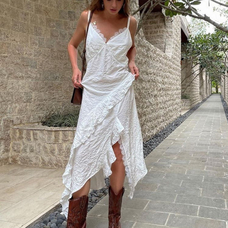 French Design Irregular Asymmetric Hem Backless Sexy Dress Women Lace Stitching Sleeveless Cami Dress by Ragazza