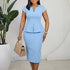 Women Wear Summer Solid Color Waist Tight Package Hip Short Sleeve Small V neck Flounce Dress  DestGlow