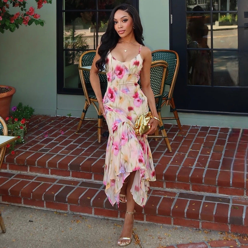 Outing Sweet Women Slim Fit Breathable Printed Cami Dress U Collar Sleeveless Long Dress  DestGlow