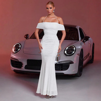 Summer Women Clothing Fashionable Elegant Dress Mesh Silver-Sprinkling off Shoulder Sleeveless Dress by Ragazza
