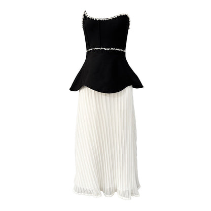 Tube Top Diamond Stitching Bandage Dress Party Elegant Dress Faux Two Piece Pleated Dress