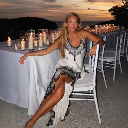 Lace Spaghetti Strap Maxi Dress Summer Artificial Silk Sexy Slit Stitching Lace Dress Women by Ragazza