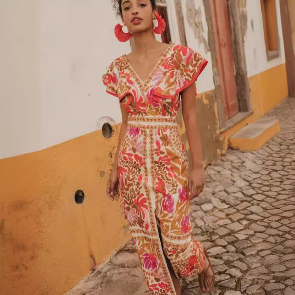 V neck Flounce Slit Positioning Floral Backless Dress by Ragazza