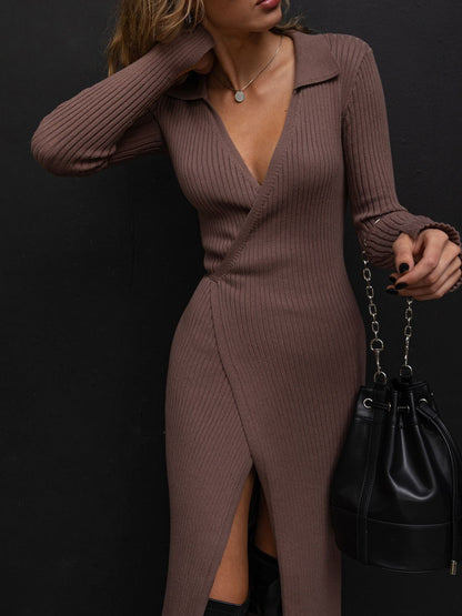 Split Strap Thread Knitted Dress Mid Length Autumn Winter Polo Collar Long Sleeve Sexy Tight Dress by Ragazza