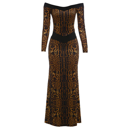 Fall Women Clothing Sexy off the Shoulder Hollow Out Cutout Backless Leopard Print Slim Fit Long Sleeved Dress  DestGlow