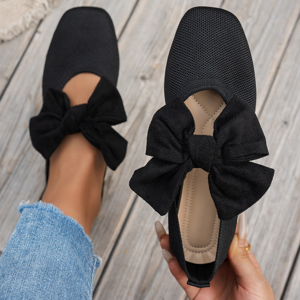Autumn Bow Knitted Square Toe Flat Shoes Women Breathable Low Cut Tods Casual Shoes  DestGlow