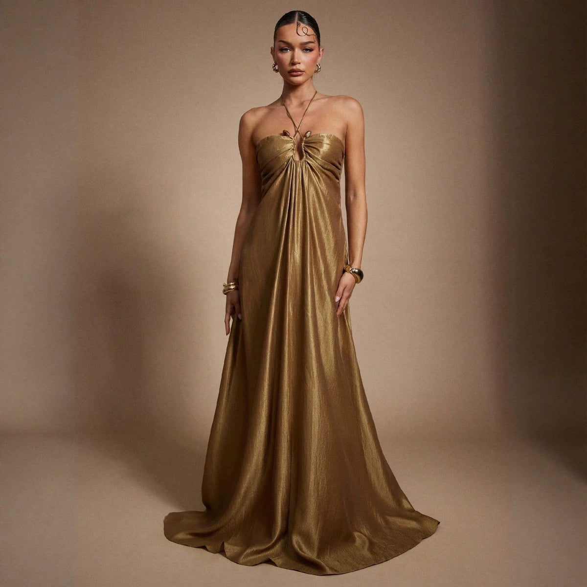 Summer Halter Sleeveless Backless Slim Fit Figure Flattering Waist Solid Color Maxi Dress  DestGlow