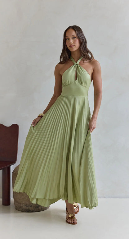 Summer Hanging Neck Pleated Mid Length Solid Color Large Swing Dress by Ragazza