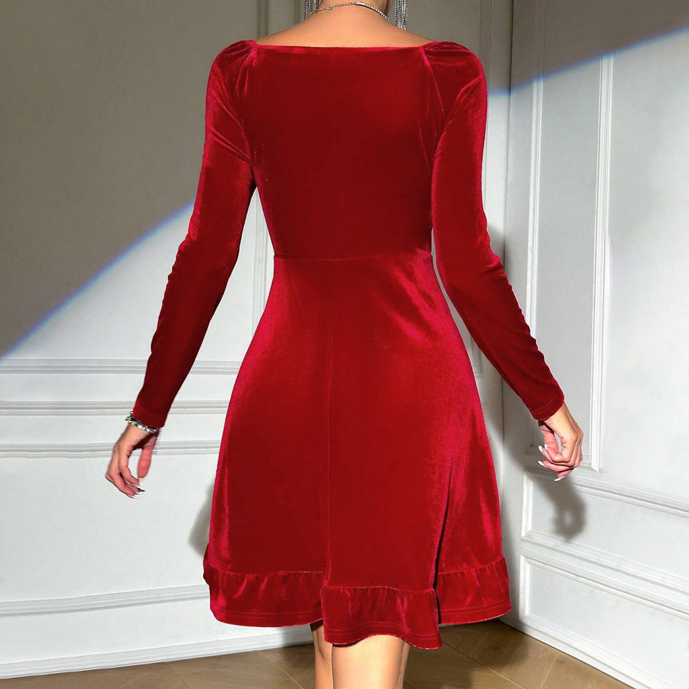 Women Clothing Elegant Red Dress Autumn Winter All Matching Elegant V neck by Ragazza