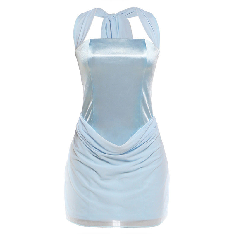 Summer Women Clothing French Sexy Halter Lace up Solid Color Low Neck Slim Waist Hip Dress for Women  DestGlow