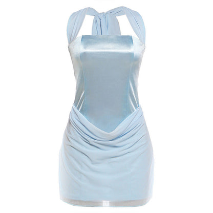 Summer Women Clothing French Sexy Halter Lace up Solid Color Low Neck Slim Waist Hip Dress for Women  DestGlow
