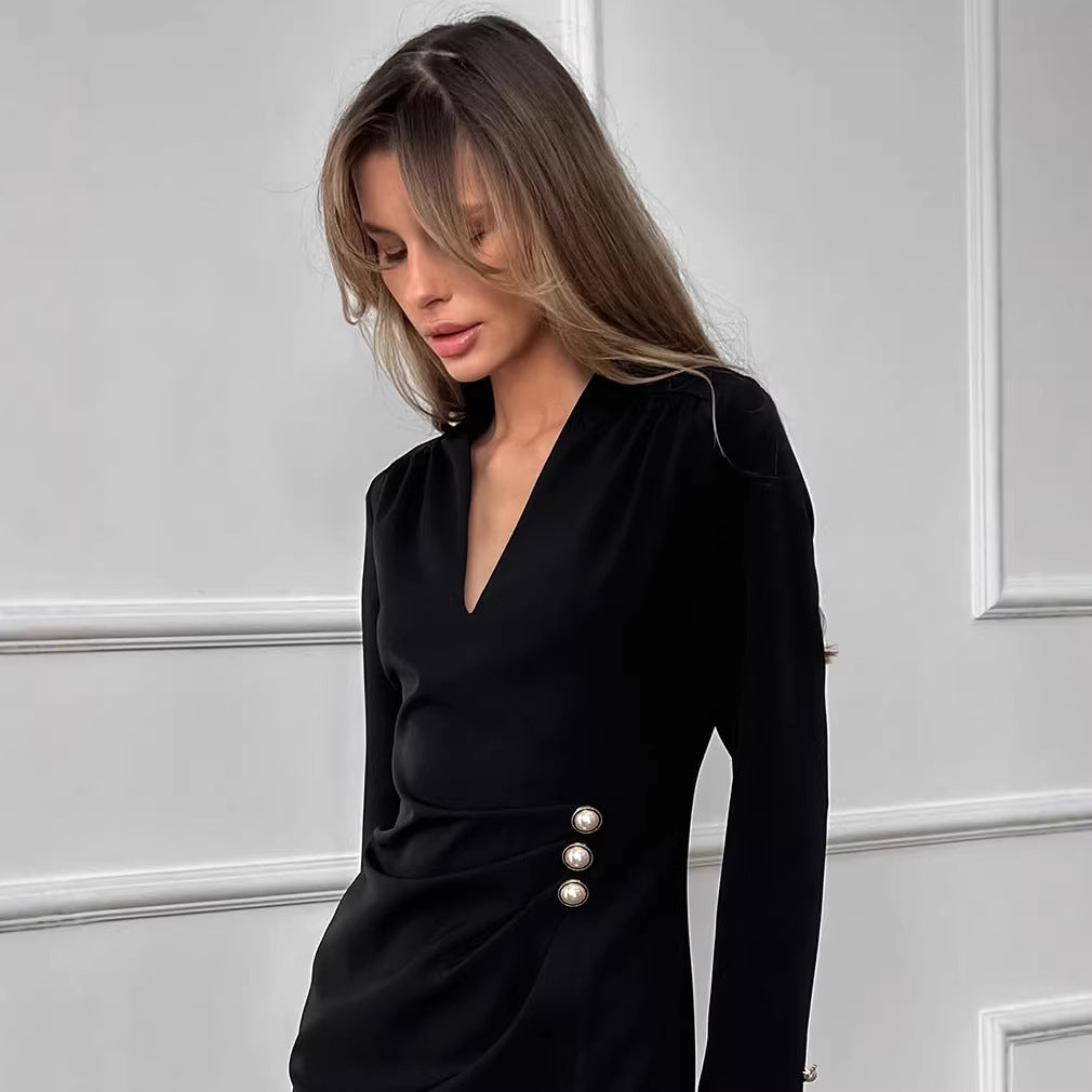 Design Pearl Button V neck Long Sleeve Shirt Women Elegant Waist Tight Hip Wrapped by Ragazza